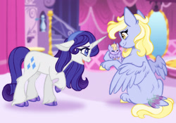 Size: 2048x1431 | Tagged: safe, artist:carouselunique, derpy hooves, dinky hooves, rarity, pegasus, pony, unicorn, side stars au, g4, baby, baby pony, carousel boutique, female, hairband, horn, indoors, mare, mother and child, mother and daughter, newborn foal, trio, trio female