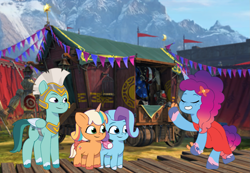 Size: 1561x1079 | Tagged: safe, artist:prixy05, glory (g5), misty brightdawn, peach fizz, thunder flap, pegasus, pony, unicorn, g5, my little pony: tell your tale, birdcage, bow, butterfly hairpin, cage, caravan, castanets, clothes, coat markings, doll, dress, eyes closed, female, filly, foal, grin, guardsmare, hair bow, horn, male, mare, mountain, outdoors, pippsqueaks, rebirth misty, royal guard, shadow fight 3, showing teeth, sky, smiling, socks (coat markings), stallion, toy, wings