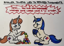 Size: 2048x1463 | Tagged: safe, artist:hoofclid, shining armor, oc, oc:hoofclid, pony, unicorn, g4, blocks, duo, duo male, horn, male, marker drawing, sitting, smiling, tower of babel, traditional art