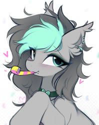 Size: 1029x1298 | Tagged: safe, artist:lerk, oc, oc only, oc:opal stone, bat pony, pony, bat pony oc, female, gift art, half bat pony, half body, looking at you, mare, party horn, present, smiling, smiling at you, solo