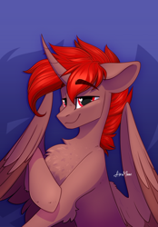 Size: 1394x2008 | Tagged: safe, artist:alrumoon_art, oc, oc only, oc:hardy, alicorn, pony, abstract background, brown coat, chest fluff, curved horn, eyebrows, eyebrows visible through hair, half body, heart, heart eyes, horn, looking at you, male, partially open wings, red mane, smiling, smug, solo, stallion, wingding eyes, wings