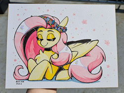 Size: 560x424 | Tagged: safe, artist:lrusu, fluttershy, pegasus, pony, g4, chest fluff, cute, eyes closed, female, floral head wreath, flower, lying down, mare, prone, shyabetes, smiling, solo, traditional art