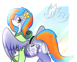 Size: 1600x1300 | Tagged: safe, artist:ossilia flawol, oc, oc only, oc:portal bump, pegasus, pony, g4, bag, clothes, companion cube, female, flower, flower on ear, hoodie, looking at you, looking back, pegasus oc, portal (valve), solo