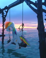 Size: 579x736 | Tagged: safe, artist:quanno3, edit, rainbow dash, pegasus, pony, g4, cute, happy, irl, lighting, ocean, outdoors, photo, ponies in real life, reflection, solo, sunset, swing, water