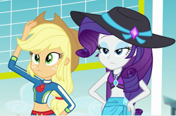 Size: 799x523 | Tagged: safe, screencap, applejack, rarity, human, equestria girls, equestria girls specials, g4, my little pony equestria girls: forgotten friendship, applejack's beach shorts swimsuit, applejack's hat, awkward, belly, belly button, best friends, blinking, clothes, confused, cowboy hat, duo, duo female, eyebrows, eyeshadow, female, geode of shielding, geode of super strength, hand on head, hand on hip, hat, indoors, low ponytail, magical geodes, makeup, midriff, raised eyebrow, rarity's blue sarong, rarity's purple bikini, stetson, sun hat, swimsuit, volleyball net