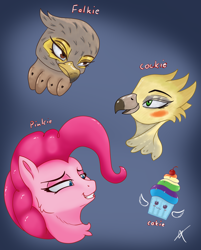 Size: 4685x5841 | Tagged: safe, artist:bluishdraft, pinkie pie, oc, bird, cockatiel, earth pony, falcon, griffon, hybrid, parrot, parrot griffon, pony, g4, cupcake, female, food, mare