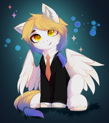 Size: 3725x4190 | Tagged: safe, alternate character, alternate version, artist:empress-twilight, oc, oc only, oc:lunar drifti, pegasus, pony, cheek fluff, clothes, commission, ear fluff, male, necktie, sitting, smiling, solo, sparkles, spread wings, stallion, suit, unshorn fetlocks, wings, ych result