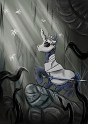 Size: 2508x3541 | Tagged: safe, artist:kirieshka, oc, oc only, changeling, abyss, alternate universe, armor, deep, equipment, flower, hollow knight, sword, tentacles, weapon