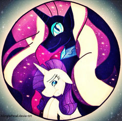 Size: 800x793 | Tagged: safe, artist:asinglepetal, idw, nightmare rarity, rarity, pony, unicorn, g4, ethereal hair, eyeshadow, female, horn, ipad, jewelry, makeup, mare, moon, necklace, nightmarified, procreate app, solo, space, stars, tumblr:a rarity of a nightmare, tumblr:ask nightmare rarity, watermark, wavy hair, white stripe, white stripes