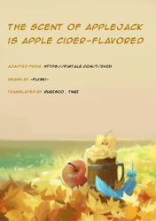 Size: 4169x5906 | Tagged: safe, artist:flvski, applejack, rainbow dash, earth pony, pegasus, pony, comic:the scent of applejack is apple cider-flavored, g4, apple, cover, feather, female, food, leaves, lesbian, ship:appledash, shipping