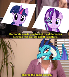 Size: 644x720 | Tagged: safe, princess ember, starlight glimmer, twilight sparkle, alicorn, dragon, pony, unicorn, g4, corporate, exploitable meme, face blindness, female, horn, mare, meme, monochrome, pictures, plant, text, they're the same picture, window