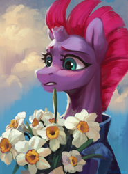 Size: 738x1000 | Tagged: safe, artist:jewellier, part of a set, fizzlepop berrytwist, tempest shadow, pony, unicorn, g4, blushing, bouquet of flowers, bust, cloud, cute, daffodil, female, flower, horn, lacrimal caruncle, mare, outdoors, portrait, sky background, solo, tempestbetes