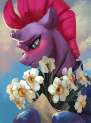 Size: 738x1000 | Tagged: safe, artist:jewellier, part of a set, fizzlepop berrytwist, tempest shadow, pony, unicorn, g4, blushing, bouquet of flowers, bust, cloud, cute, daffodil, female, flower, horn, mare, outdoors, portrait, sky background, solo, tempestbetes