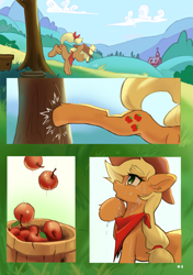 Size: 4169x5906 | Tagged: safe, artist:flvski, applejack, earth pony, pony, comic:the scent of applejack is apple cider-flavored, g4, apple, apple tree, applebucking, applejack's hat, cloud, comic, cowboy hat, female, food, freckles, hat, mare, open mouth, outdoors, seat, sky, solo, sweet apple acres, tail, tree