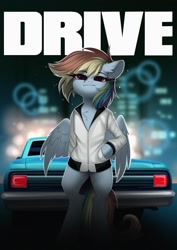 Size: 1454x2048 | Tagged: safe, artist:kebchach, rainbow dash, pegasus, pony, g4, bipedal, car, clothes, drive, female, mare, outdoors, ponified, ryan gosling, solo, vehicle, wings