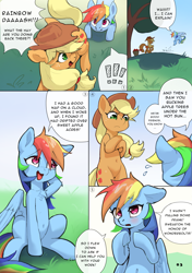 Size: 4169x5906 | Tagged: safe, artist:flvski, applejack, rainbow dash, earth pony, pegasus, pony, comic:the scent of applejack is apple cider-flavored, g4, apple, apple tree, applejack's hat, belly, belly button, bipedal, blushing, chest fluff, comic, cowboy hat, duo, duo female, exclamation point, female, flying, freckles, hat, hind legs, legs together, lesbian, mare, open mouth, outdoors, ship:appledash, shipping, sitting, speech bubble, spread wings, tail, tree, wings