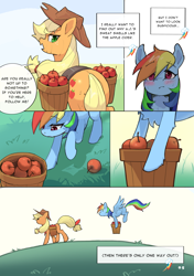 Size: 4169x5906 | Tagged: safe, artist:flvski, applejack, rainbow dash, earth pony, pegasus, pony, comic:the scent of applejack is apple cider-flavored, g4, apple, applejack's hat, blushing, comic, cowboy hat, duo, duo female, female, flying, food, freckles, grass, hat, lesbian, mare, open mouth, outdoors, ship:appledash, shipping, speech bubble, spread wings, wings