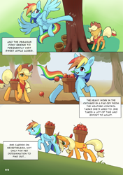 Size: 4169x5906 | Tagged: safe, artist:flvski, applejack, rainbow dash, earth pony, pegasus, pony, comic:the scent of applejack is apple cider-flavored, g4, apple, apple tree, applebucking, applejack's hat, comic, cowboy hat, duo, duo female, eyebrows, eyebrows visible through hair, female, flying, folded wings, food, freckles, grass, hat, lesbian, looking back, mare, open mouth, open smile, outdoors, raised hoof, ship:appledash, shipping, smiling, spread wings, sweat, tail, tongue out, tree, wings