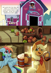 Size: 4169x5906 | Tagged: safe, artist:flvski, applejack, rainbow dash, earth pony, pegasus, pony, comic:the scent of applejack is apple cider-flavored, g4, apple, apple cider, applejack's hat, barn, blushing, cider, cider mug, comic, cowboy hat, duo, duo female, female, food, freckles, hat, hay bale, lesbian, lying down, mare, mug, on back, open mouth, open smile, ship:appledash, shipping, smiling, spread wings, sweet apple acres barn, wings