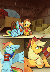 Size: 4169x5906 | Tagged: safe, artist:flvski, applejack, rainbow dash, earth pony, pegasus, pony, comic:the scent of applejack is apple cider-flavored, g4, apple cider, applejack's hat, cider, cider mug, comic, cowboy hat, drink, drinking, duo, duo female, eyes closed, female, folded wings, freckles, hat, indoors, lesbian, licking, licking lips, mare, mug, ship:appledash, shipping, spread wings, tail, tongue out, wings