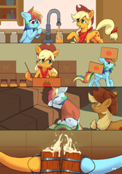 Size: 4169x5906 | Tagged: safe, artist:flvski, applejack, rainbow dash, earth pony, pegasus, pony, comic:the scent of applejack is apple cider-flavored, g4, apple cider, applejack's hat, cider, cider dash, cider mug, comic, cowboy hat, duo, duo female, eyebrows, eyebrows visible through hair, eyes closed, female, folded wings, freckles, hat, indoors, lesbian, mare, mug, open mouth, ship:appledash, shipping, sleeping, smiling, tail, wings