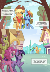 Size: 4169x5906 | Tagged: safe, artist:flvski, applejack, fluttershy, pinkie pie, rainbow dash, twilight sparkle, earth pony, pegasus, pony, unicorn, comic:the scent of applejack is apple cider-flavored, g4, apple, apple tree, applejack's hat, blushing, butt, chest fluff, comic, cowboy hat, dock, female, flying, folded wings, food, freckles, hat, horn, lesbian, looking at each other, looking at someone, mare, one eye closed, open mouth, open smile, outdoors, plot, ponyville, raised hoof, ship:appledash, shipping, smiling, smiling at each other, spread wings, tail, tree, unicorn twilight, wings, wink