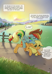 Size: 4169x5906 | Tagged: safe, artist:flvski, applejack, rainbow dash, earth pony, pegasus, pony, comic:the scent of applejack is apple cider-flavored, g4, accessory swap, applejack's hat, carrying, comic, cowboy hat, duo, duo female, eyes closed, female, fence, folded wings, freckles, grass, hat, lesbian, looking right, mare, open mouth, outdoors, ponies riding ponies, rainbow dash riding applejack, rainbow dash wearing applejack's hat, riding, riding a pony, ship:appledash, shipping, sleeping, smiling, speech bubble, tail, thought bubble, wings