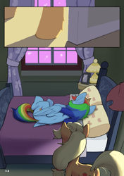 Size: 4169x5906 | Tagged: safe, artist:flvski, applejack, rainbow dash, earth pony, pegasus, pony, comic:the scent of applejack is apple cider-flavored, g4, applebutt, applejack's hat, bed, bedroom, blanket, butt, comic, cowboy hat, curtains, duo, duo female, female, folded wings, hat, indoors, lesbian, lying down, lying on bed, mare, on bed, pillow, plot, ship:appledash, shipping, sleeping, window, wings