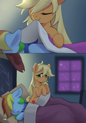 Size: 4169x5906 | Tagged: safe, artist:flvski, applejack, rainbow dash, earth pony, pegasus, pony, comic:the scent of applejack is apple cider-flavored, g4, applejack's hat, bed, blanket, comic, cowboy hat, duo, duo female, eyes closed, female, freckles, hat, indoors, lesbian, lying down, lying on bed, mare, mouth hold, on bed, pillow, ship:appledash, shipping, sleeping, window