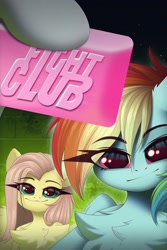 Size: 1365x2048 | Tagged: safe, artist:kebchach, fluttershy, rainbow dash, pegasus, pony, g4, chest fluff, duo, female, fight club, mare, ponified movie poster, smiling