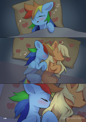 Size: 4169x5906 | Tagged: safe, artist:flvski, applejack, rainbow dash, earth pony, pegasus, pony, comic:the scent of applejack is apple cider-flavored, g4, bed, blushing, comic, duo, duo female, female, folded wings, lesbian, mare, onomatopoeia, pillow, ship:appledash, shipping, sound effects, wings, zzz