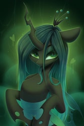 Size: 683x1024 | Tagged: safe, artist:kebchach, queen chrysalis, changeling, changeling queen, g4, heart, lidded eyes, needs more jpeg, solo, tongue out