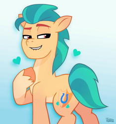 Size: 2336x2497 | Tagged: safe, artist:felux, hitch trailblazer, earth pony, pony, g5, my little pony: tell your tale, evil smile, gradient background, grin, heart, i can't believe it's not hasbro studios, lip bite, male, show accurate, smiling, solo, stallion, tell your tale accurate, unshorn fetlocks