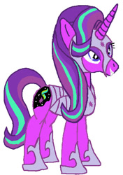 Size: 361x514 | Tagged: safe, artist:qjosh, starlight glimmer, pony, unicorn, g4, boots, criniere, croupiere, cuirass, darkened coat, eyeshadow, fauld, female, flanchards, gorget, helmet, horn, makeup, mare, nightmare starlight, nightmarified, pauldron, peytral, plackart, sabaton (armor), saddle, shoes, simple background, solo, tack, transformation, transformation sequence, white background