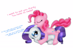 Size: 5244x3475 | Tagged: safe, artist:anonymousandrei, derpibooru exclusive, pinkie pie, rarity, earth pony, pony, unicorn, g4, biting, cute, daaaaaaaaaaaw, dialogue, diapinkes, duo, duo female, ear bite, eyes closed, female, horn, hug, hug from behind, lesbian, lidded eyes, lying down, lying on top of someone, mare, outline, ponyloaf, prone, ship:raripie, shipping, simple background, talking, text, white background