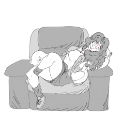 Size: 3364x3364 | Tagged: safe, artist:ponny, pinkie pie, human, g4, :p, black and white, clothes, couch, drawthread, grayscale, humanized, jacket, lying down, monochrome, pillow, requested art, shoes, simple background, sleeping, solo, tongue out, white background