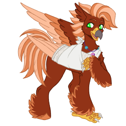 Size: 1000x1000 | Tagged: safe, artist:kazmuun, oc, oc only, oc:pearl diver, classical hippogriff, hippogriff, bandage, bandaged wing, beak, blush lines, blushing, cheek fluff, chest fluff, claws, colored claws, colored eyebrows, colored eyelashes, colored lineart, colored wings, colored wingtips, commission, feather, folded wings, green eyelashes, green eyes, hippogriff oc, jewelry, looking back, male, male oc, necklace, open beak, open mouth, open smile, orange wingtips, raised claw, red feathers, simple background, smiling, solo, standing, tail, three quarter view, three toned wings, transparent background, two toned hair, two toned tail, wings