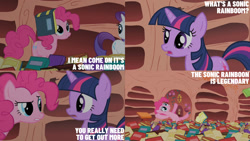 Size: 1280x720 | Tagged: safe, edit, edited screencap, editor:quoterific, screencap, pinkie pie, rarity, twilight sparkle, earth pony, pony, unicorn, g4, season 1, sonic rainboom (episode), book, dialogue, female, golden oaks library, indoors, mare, trio, trio female, unicorn twilight