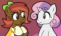 Size: 2767x1658 | Tagged: safe, artist:chaosimp2006, button mash, sweetie belle, earth pony, pony, unicorn, g4, clothes, colt, female, filly, foal, gradient background, horn, joystick (r63), looking at each other, looking at someone, male, nervous, nervous sweat, rule 63, ship:joybell, ship:sweetiemash, shipping, shirt, silver bell, smiling, straight