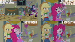 Size: 1280x720 | Tagged: safe, edit, edited screencap, editor:quoterific, screencap, applejack, pinkie pie, spike, twilight sparkle, dog, human, equestria girls, g4, my little pony equestria girls, applejack's hat, balloon, cider, cowboy hat, dialogue, female, group, hat, male, quartet, spike the dog