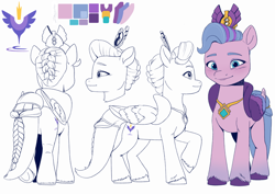 Size: 4132x2919 | Tagged: safe, artist:daisy_marshmallow, queen haven, pegasus, pony, series:daisy m's mym ref set, g5, back of head, crown, cutie mark, female, folded wings, front view, jewelry, mare, raised hoof, raised leg, rear view, reference sheet, regalia, side view, simple background, unshorn fetlocks, white background, wings