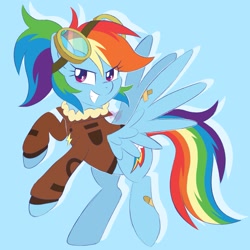 Size: 1503x1503 | Tagged: safe, artist:czscribbles, rainbow dash, pegasus, pony, g4, aviator goggles, bandaid, blue background, bomber jacket, clothes, cute, dashabetes, female, goggles, grin, jacket, looking at you, mare, simple background, smiling, solo, spread wings, wings