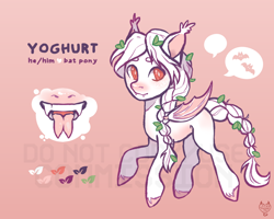 Size: 1000x800 | Tagged: safe, artist:maroonmads, oc, oc only, bat pony, pony, albino, bat ears, bat pony oc, bat wings, blonde, blonde hair, blonde mane, braid, braided tail, commission, leaves, leaves in hair, long hair, long mane, long tail, red eyes, reference sheet, solo, tail, teeth, watermark, wings, ych result