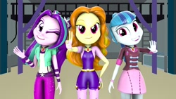 Size: 1920x1080 | Tagged: safe, artist:rainofbladess, adagio dazzle, aria blaze, sonata dusk, human, rainbow rocks 10th anniversary, equestria girls, g4, 2024, 3d, clothes, gymnasium, hand on hip, happy, looking at you, one eye closed, photo, smiling, source filmmaker, teeth, waving, wink