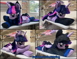 Size: 3972x3045 | Tagged: safe, artist:qtpony, twilight sparkle, alicorn, pony, g4, clothes, hoodie, indoors, irl, photo, plushie, socks, solo, striped socks, twilight sparkle (alicorn)