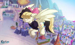 Size: 5000x3000 | Tagged: safe, artist:fluffyxai, songbird serenade, pegasus, pony, g4, bow, canterlot, clothes, female, flying, hair bow, mare, outdoors, signature, solo