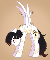 Size: 2511x3000 | Tagged: safe, artist:melodylibris, oc, oc only, oc:spicy stir, pegasus, pony, ankh, black mane, black tail, gradient background, pegasus oc, solo, stretching, tail