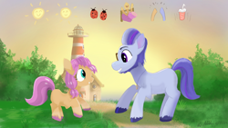 Size: 1280x720 | Tagged: safe, artist:addelum, argyle starshine, sunny starscout, earth pony, pony, g5, my little pony: a new generation, duo, duo male and female, female, filly, filly sunny starscout, foal, lighthouse, male, outdoors, stallion, sunny starscout's lighthouse, sunshine sunshine, younger