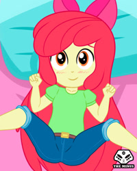 Size: 720x900 | Tagged: safe, artist:theminus, apple bloom, human, equestria girls, g4, ass, belt buckle, blushing, bow, butt, clothes, denim, hair bow, implied lolicon, jeans, looking at you, lying down, on back, pants, shirt, smiling, smiling at you, solo, spread legs, spreading, t-shirt