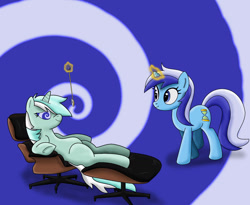 Size: 1280x1048 | Tagged: safe, artist:luszor2, lyra heartstrings, minuette, pony, unicorn, g4, belly, chair, duo, female, glowing, glowing horn, horn, hypnosis, hypnotized, looking at each other, looking at someone, lyrabetes, mare, minubetes, pocket watch, sitting, smiling, smiling at each other